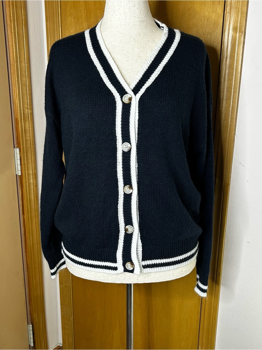 Black Cardigan with White Trim Size L
